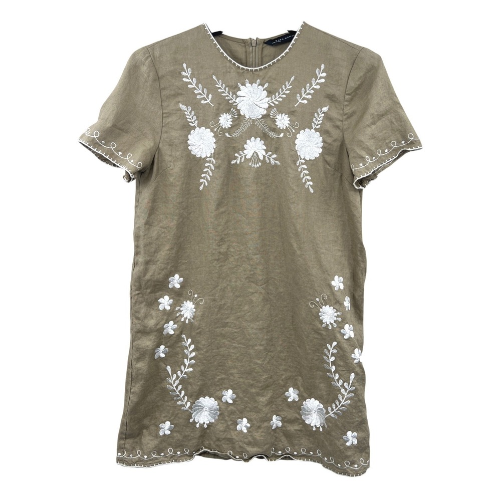 Zara Woman Linen Embroidered Mini Dress Womens M Olive‎ Green Floral Scalloped - Picture 2 of 9